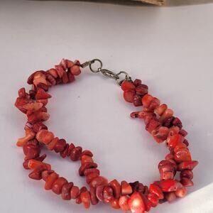Vintage red coral chip bracelet boho natural stone jewelry 1970s